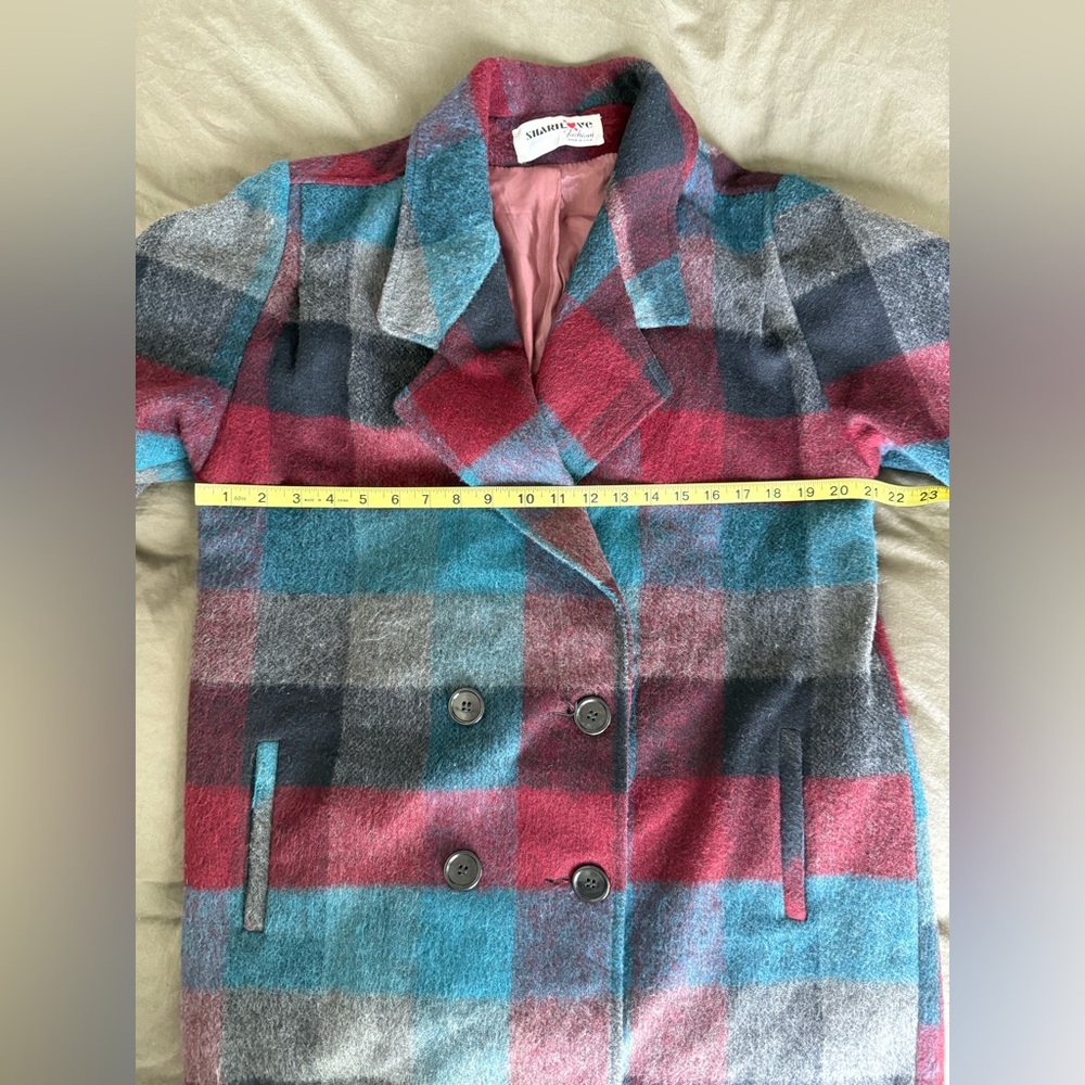 Vintage ShariLove Plaid Double Breasted Pea Coat Womens 12 Blue Academia Jacket - Picture 3 of 6